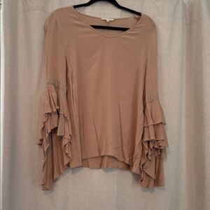 Elegant Tan Women's Top with Ruffled Sleeves M